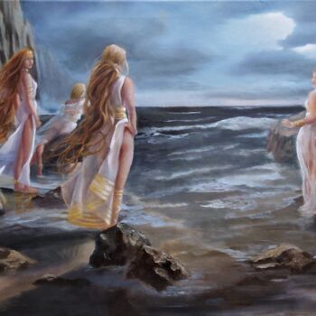 Painting titled "Mystic Waters by Ag…" by Ageliki Aggelike, Original Artwork, Oil Mounted on Wood Stretcher frame