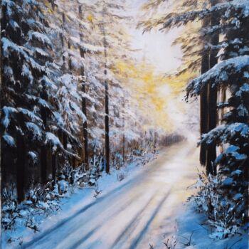 Painting titled "Le chemin hivernale." by Angelina Ermakova, Original Artwork, Oil Mounted on Wood Stretcher frame