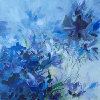 Painting titled "Les fleurs bleues." by Angelina Ermakova, Original Artwork, Acrylic Mounted on Wood Stretcher frame