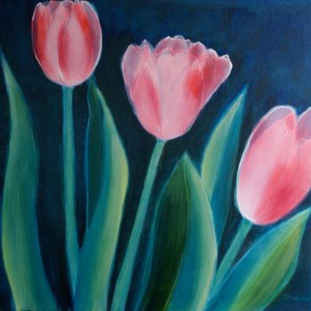 Painting titled "Drie tulpen" by Angeline Rosendaal, Original Artwork, Oil Mounted on Wood Stretcher frame
