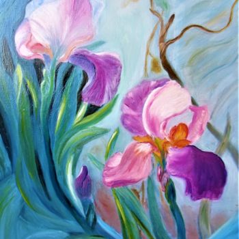 Painting titled "Irises" by Olga Khaladzhieva, Original Artwork, Oil