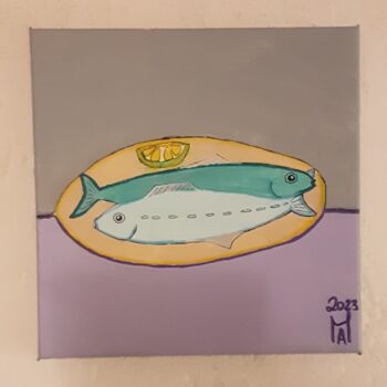 Painting titled "Pesce fresco." by Angelo Marzullo, Original Artwork, Acrylic Mounted on Wood Stretcher frame