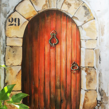 Peinture intitulée "porte rouge patinée…" par Sylvie Mailhe Poursines, Œuvre d'art originale, Acrylique