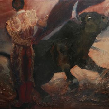 Schilderij getiteld "Le puissant taureau" door Philippe Jamin, Origineel Kunstwerk, Olie