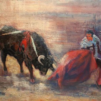 Pintura intitulada "Le taureau blessé" por Philippe Jamin, Obras de arte originais, Óleo