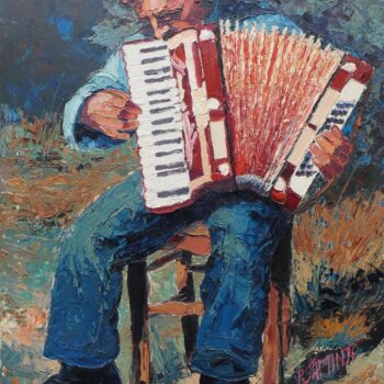 Schilderij getiteld "L'accordéoniste III" door Philippe Jamin, Origineel Kunstwerk, Olie Gemonteerd op Frame voor houten bra…