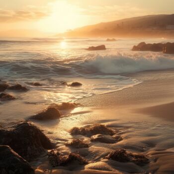 Digital Arts titled "Golden Hour Beach S…" by Angus Finlayson, Original Artwork, AI generated image