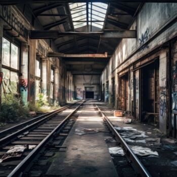 Digitale Kunst getiteld "Urban Derelict Rail…" door Angus Finlayson, Origineel Kunstwerk, AI gegenereerde afbeelding