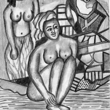 Tekening getiteld "Après le bain" door Armand Pascal Aniambossou, Origineel Kunstwerk