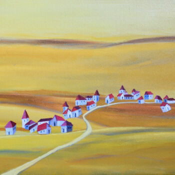 Painting titled "Village on Golden F…" by Aniko Hencz, Original Artwork, Oil Mounted on Wood Stretcher frame