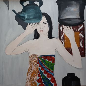 Painting titled "Girl in the kitchen" by Aniko Murok, Original Artwork, Acrylic
