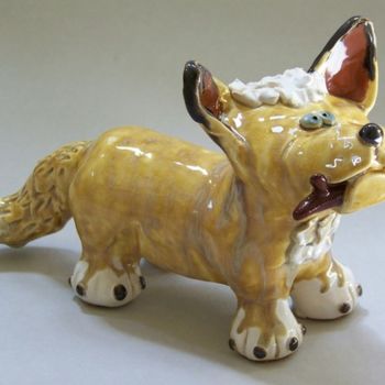 Sculpture titled "Corgie Dog Sculptur…" by Suzanne Noll, Original Artwork, Ceramics