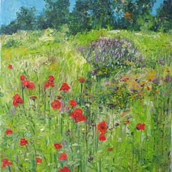 Painting titled "Blue Sky - Poppy Fi…" by Animesh Roy, Original Artwork, Oil