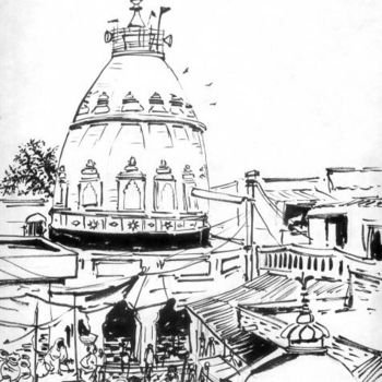 Drawing titled "Kalka Mandir" by Animesh Roy, Original Artwork, Other