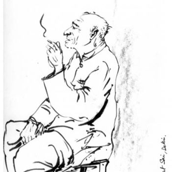 Drawing titled "Oldman, Siri" by Animesh Roy, Original Artwork, Ink