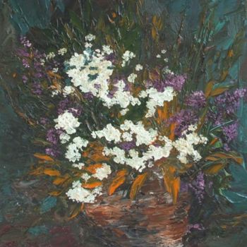 Painting titled "White Flowers & Lil…" by Animesh Roy, Original Artwork, Oil