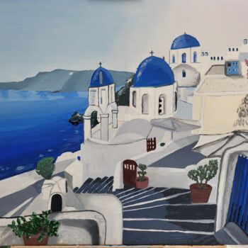 Painting titled "Santoblu" by Anis Mabrouk, Original Artwork, Oil Mounted on Wood Stretcher frame