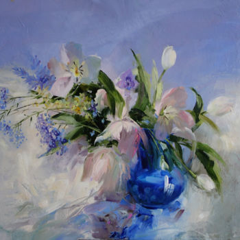 Malarstwo zatytułowany „Flowers in a cobalt…” autorstwa Galina Anisimova, Oryginalna praca, Olej Zamontowany na Drewniana ra…