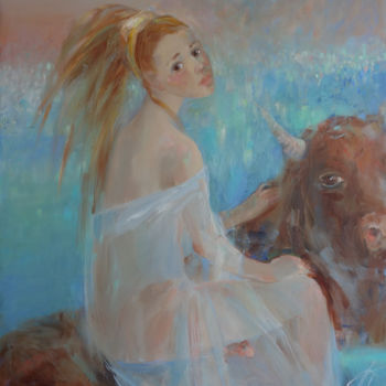 Painting titled "The Rape of Europe" by Galina Anisimova, Original Artwork, Oil Mounted on Wood Stretcher frame
