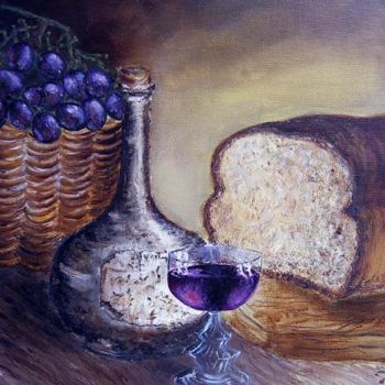 Painting titled "Fruits and Wine" by Elena Aniskina, Original Artwork, Oil
