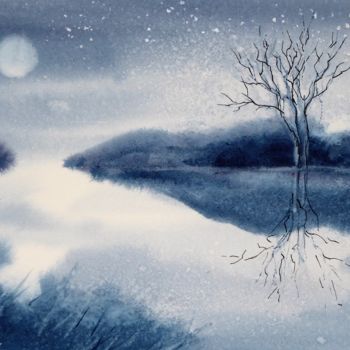 Painting titled "Nuit de lune 2" by Anita Bruzzo, Original Artwork, Watercolor