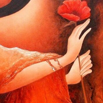 Malerei mit dem Titel "woman with a poppy" von Anita Burnaz, Original-Kunstwerk