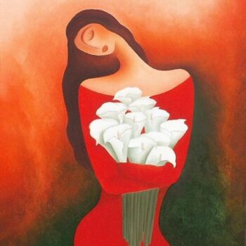 Pintura intitulada "woman with callas" por Anita Burnaz, Obras de arte originais