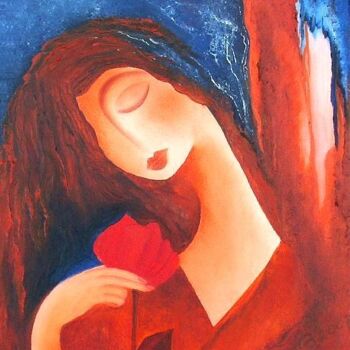 Painting titled "woman with a flower" by Anita Burnaz, Original Artwork