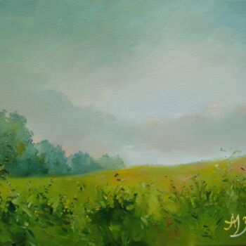 Painting titled "Field and Clouds" by Anita Zotkina, Original Artwork, Oil