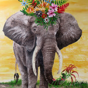 Malerei mit dem Titel "Elefantendame Flora…" von Anja Semling, Original-Kunstwerk, Acryl Auf Keilrahmen aus Holz montiert