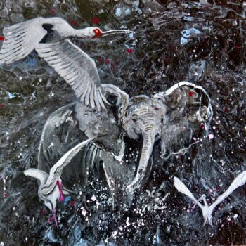 Malerei mit dem Titel "Birds and Elephant" von Anja Semling, Original-Kunstwerk, Acryl Auf Keilrahmen aus Holz montiert