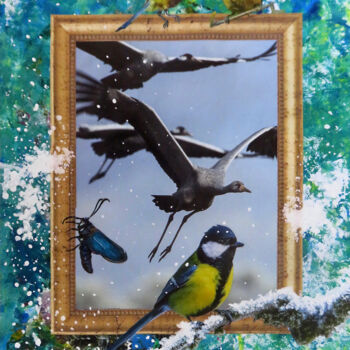 Collages intitulée "Vögel im Winter" par Anja Semling, Œuvre d'art originale, Collages Monté sur Autre panneau rigide