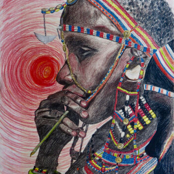 Tekening getiteld "Massai-Frau" door Anja Semling, Origineel Kunstwerk, Conté