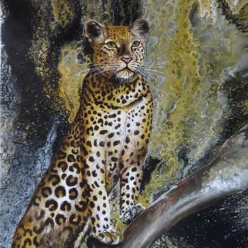 Schilderij getiteld "Leopard - Panthera…" door Anja Semling, Origineel Kunstwerk, Acryl Gemonteerd op Frame voor houten bran…