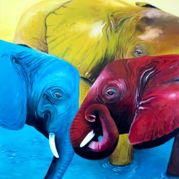 Malerei mit dem Titel "Elefanten-Trio I El…" von Anja Semling, Original-Kunstwerk, Acryl Auf Keilrahmen aus Holz montiert