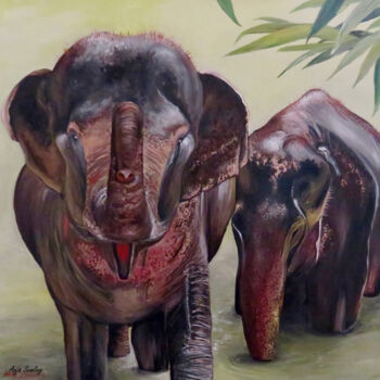 Картина под названием "Elephas Maximus / E…" - Anja Semling, Подлинное произведение искусства, Акрил Установлен на Деревянна…