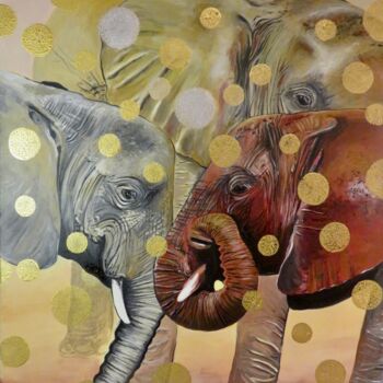 Painting titled "Elefanten-Trio" by Anja Semling, Original Artwork, Acrylic Mounted on Wood Stretcher frame