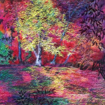 Painting titled "Illuminated Autumn" by Ann Dunbar, Original Artwork, Embroidery Mounted on Wood Stretcher frame
