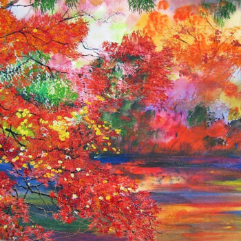 Pintura titulada "Autumn Aflame" por Ann Dunbar, Obra de arte original, Bordado Montado en Cartulina