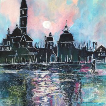 Painting titled "Moonlight 2 at St G…" by Ann Dunbar, Original Artwork, Acrylic Mounted on Cardboard