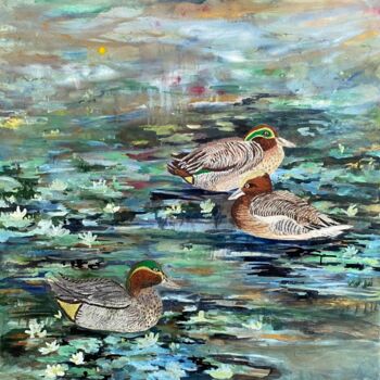 Painting titled "Teal and Widgeon" by Ann Dunbar, Original Artwork, Acrylic Mounted on Wood Stretcher frame