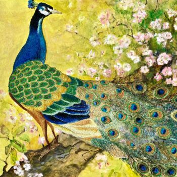 Painting titled "Peacock Majesty" by Ann Dunbar, Original Artwork, Watercolor Mounted on Wood Stretcher frame