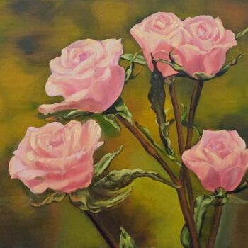 Painting titled "Pink Roses" by Anna Afanas Eva, Original Artwork, Oil