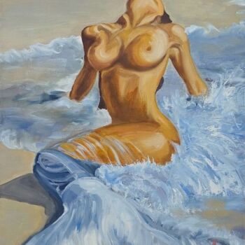 Painting titled "The Mermaid" by Anna Afanas Eva, Original Artwork, Oil Mounted on Wood Stretcher frame