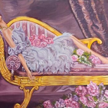 Painting titled "The Lady on the sofa" by Anna Afanas Eva, Original Artwork, Oil Mounted on Wood Stretcher frame