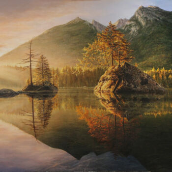 Painting titled "Henterse lake" by Anna Agasieva, Original Artwork, Oil Mounted on Wood Stretcher frame