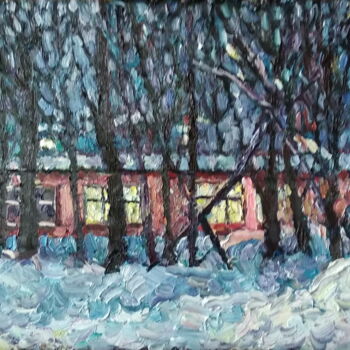 Peinture intitulée "Красный дом в ночи" par Anna Iaguzhinskaia, Œuvre d'art originale, Huile