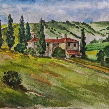 Painting titled "paysage provençal n…" by Anna An, Original Artwork, Watercolor