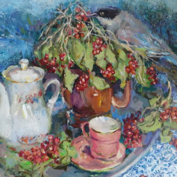 Картина под названием "Autumn tea party" - Anna Andreuts, Подлинное произведение искусства, Масло