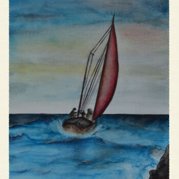 Pittura intitolato "Red sailboat" da Anna Artworks, Opera d'arte originale, Acquarello